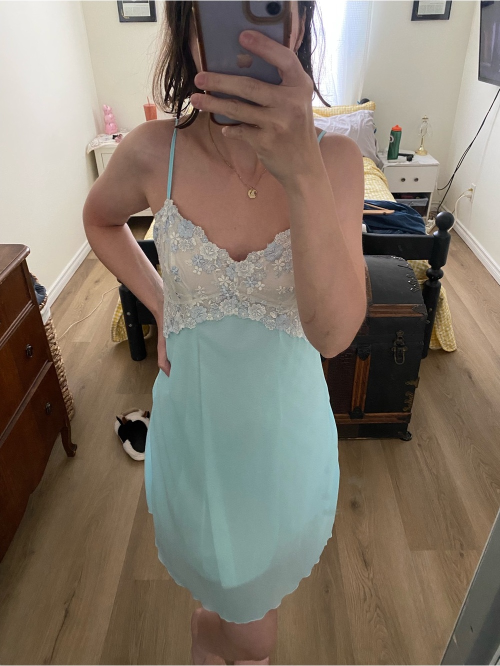 Sabrina Carpenter Inspired Delicate Lace Trim Aqua Chemise